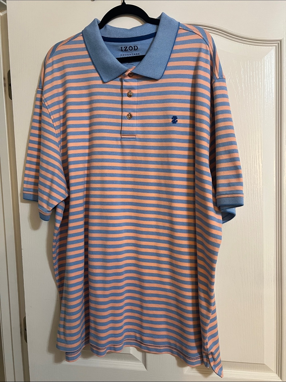 Izod Men's Blue and Peach Striped Polo Shirt